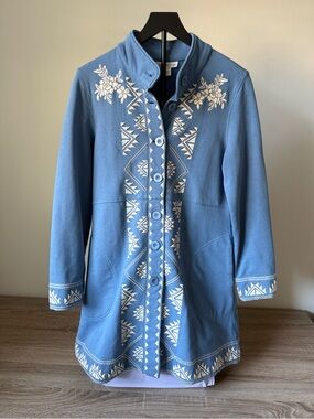 Coldwater Creek Coat Womens Small Blue Embroidered Southwestern Cotton Button